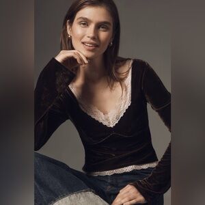 Anthropologie Chocolate Brown Velvet Lace V-Neck Bell Sleeve Top